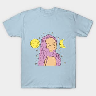 Purple Haired Girl with Moons and Stars Illustration T-Shirt